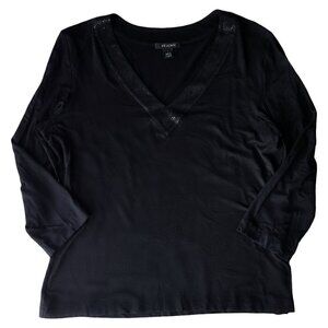 St John Women's Black V Neck Top Size L Shimmer Embedded Glitter 3/4 Sleeve
